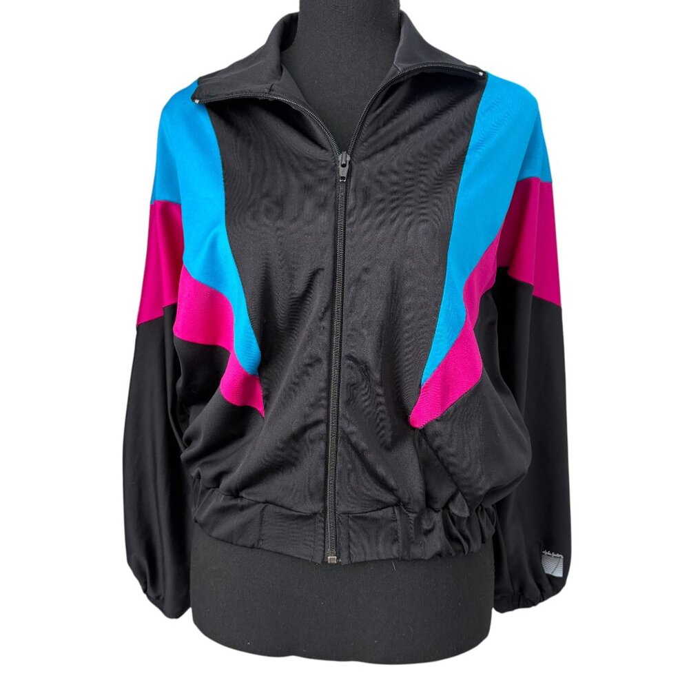 Vintage 80s Alpha Factor Spandex Aerobics Zip Up Jacket Black S/M